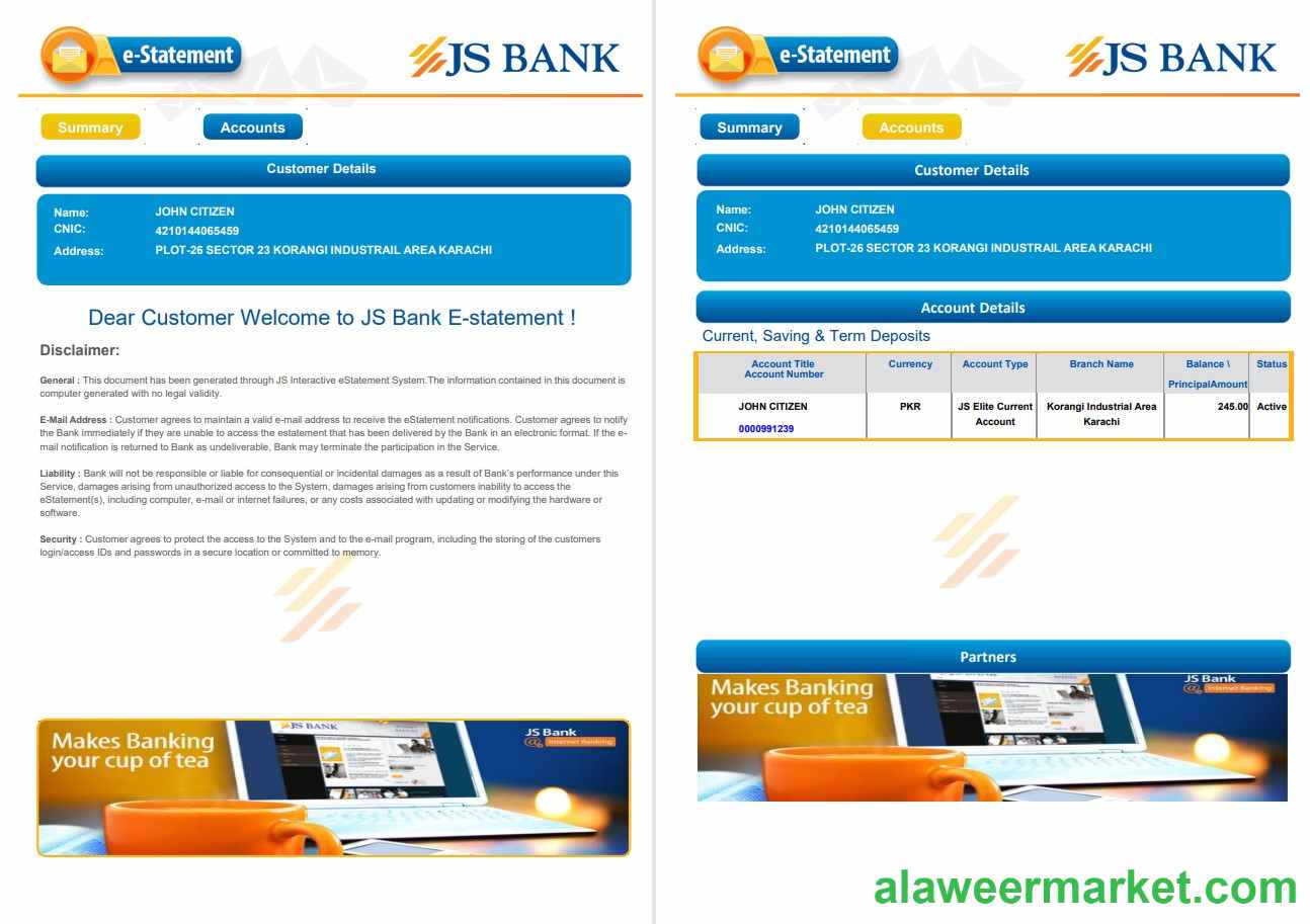 Pakistan JS bank e-statement 3 pages